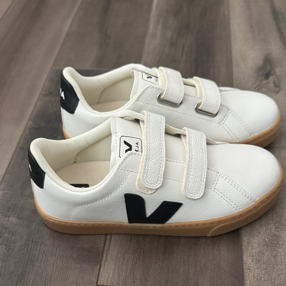 Veja Kids White and Black Sneakers with Tan Soles